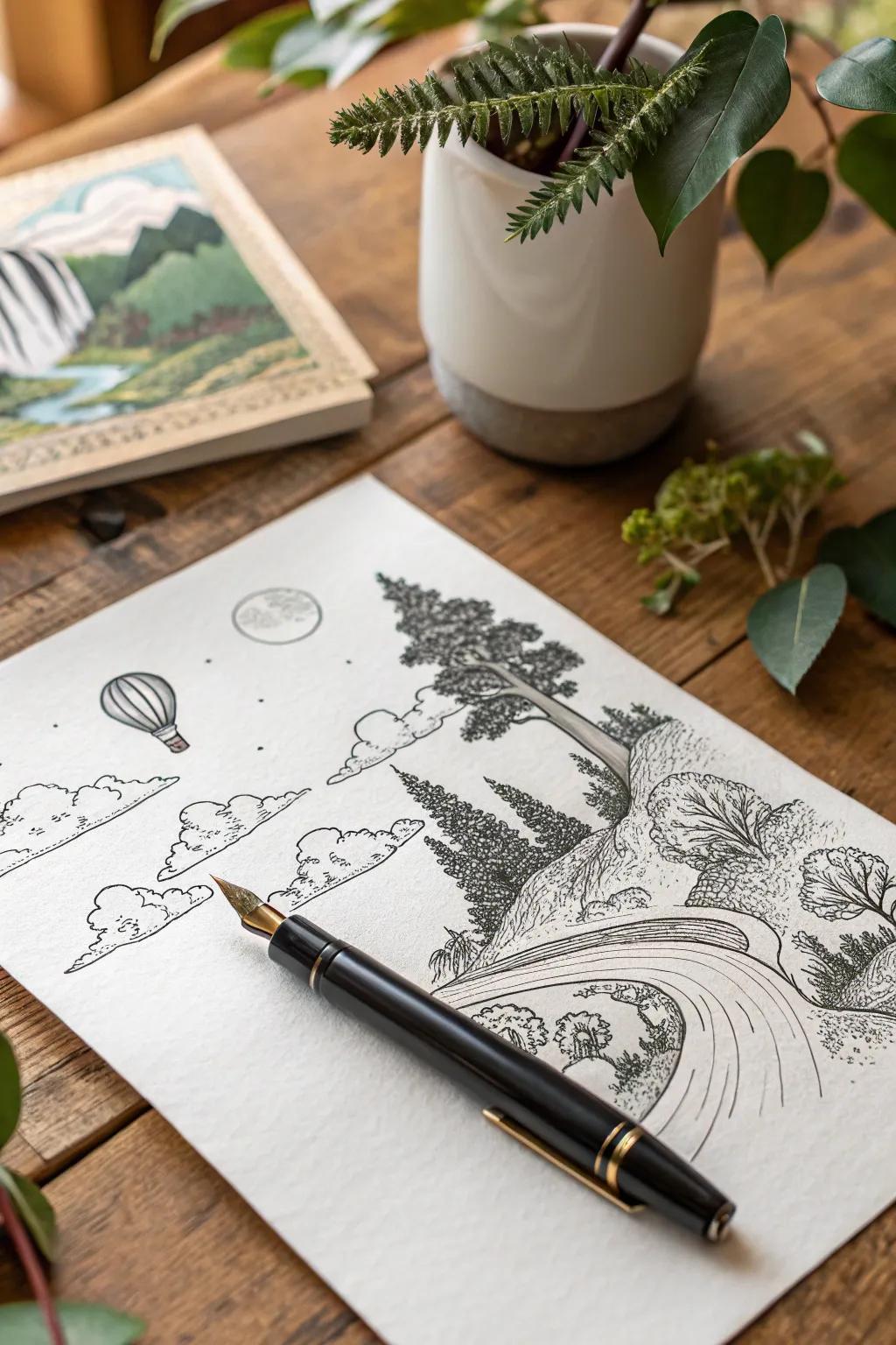 Delve into the artistry of fantasy with complex ink scenes that blend reality with imagination.