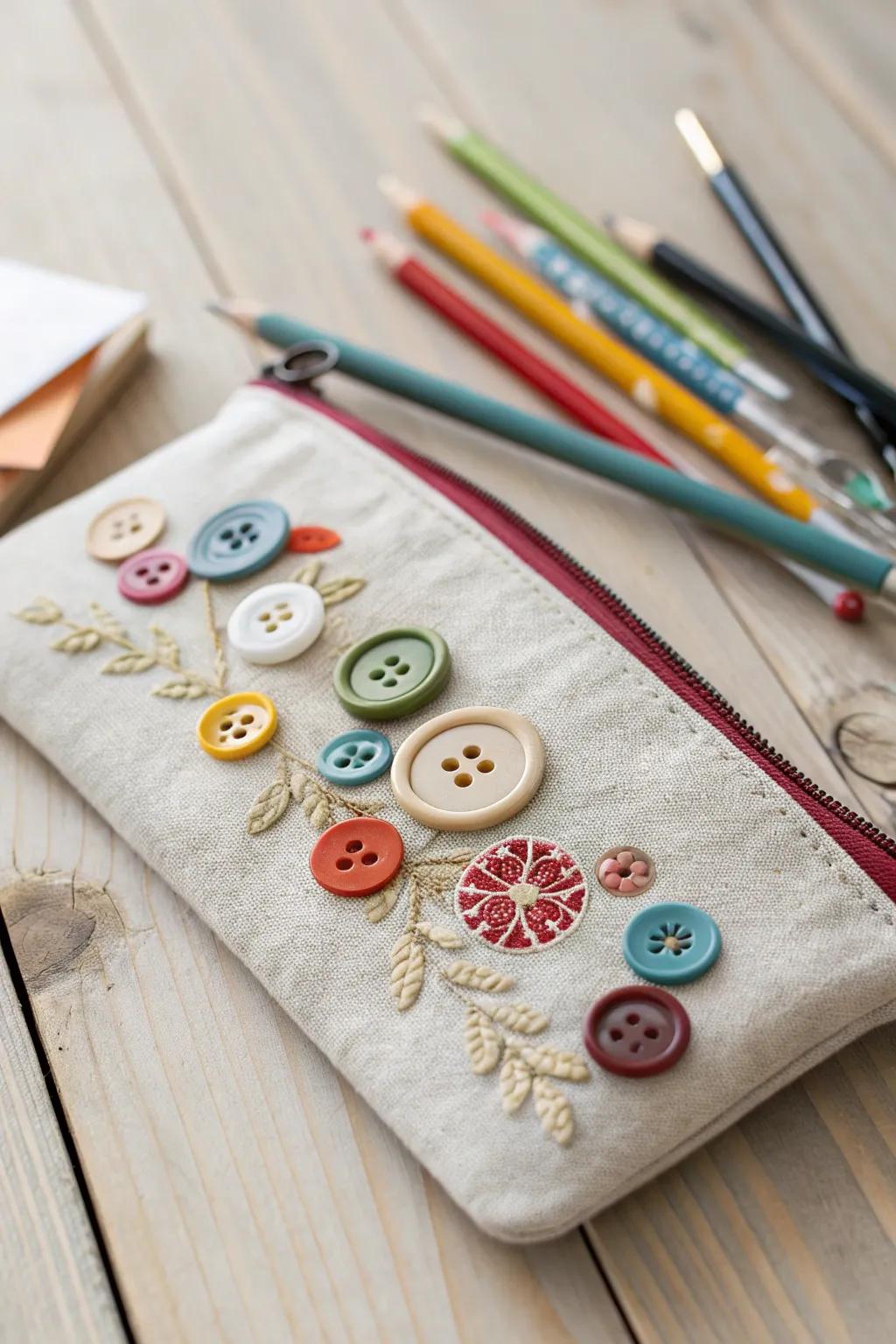 Bestow a whimsical nuance upon your essentials with this button-adorned pencil holder, where minimalism converges with an eruption of individuality.