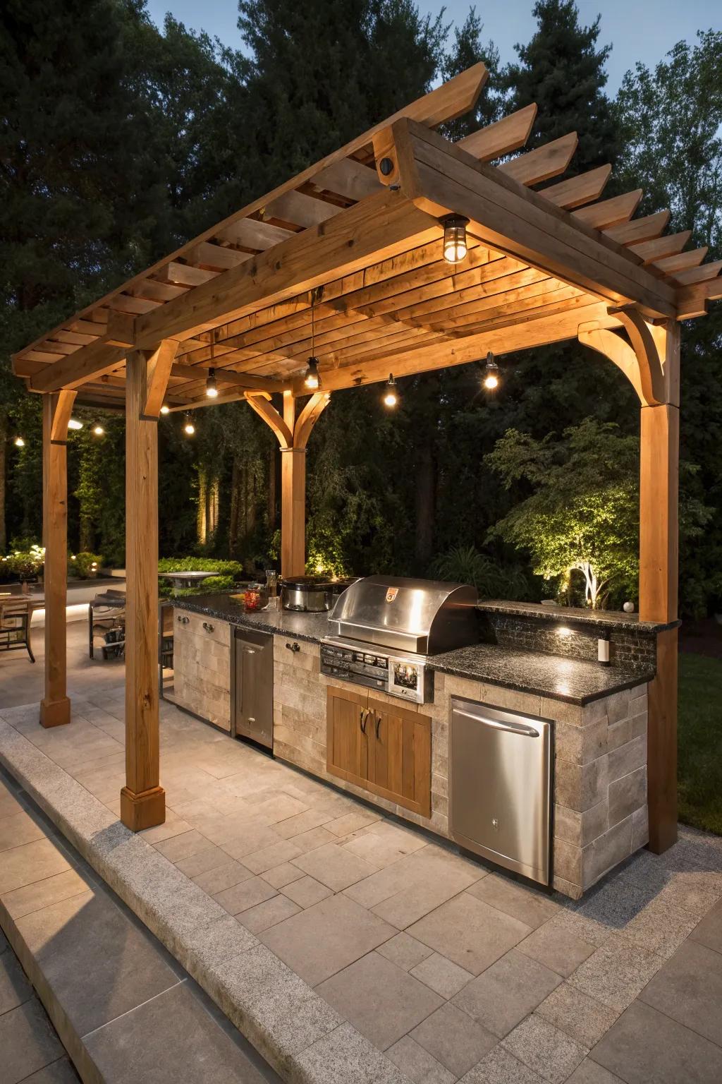 Elevate your outdoor gatherings with a pergola that seamlessly integrates a stylish barbecue station, perfect for hosting unforgettable BBQ nights.
