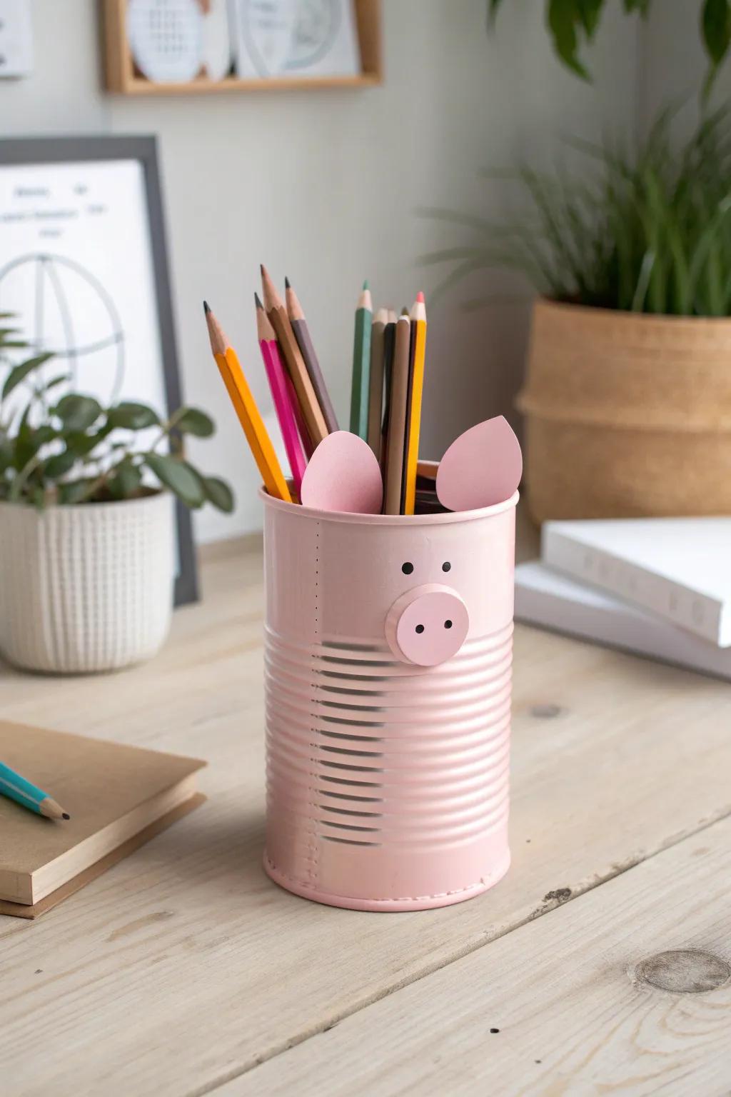 Charming and crafty: Turn tin canisters into adorable piggy quill keepers for a touch of whimsical organization.