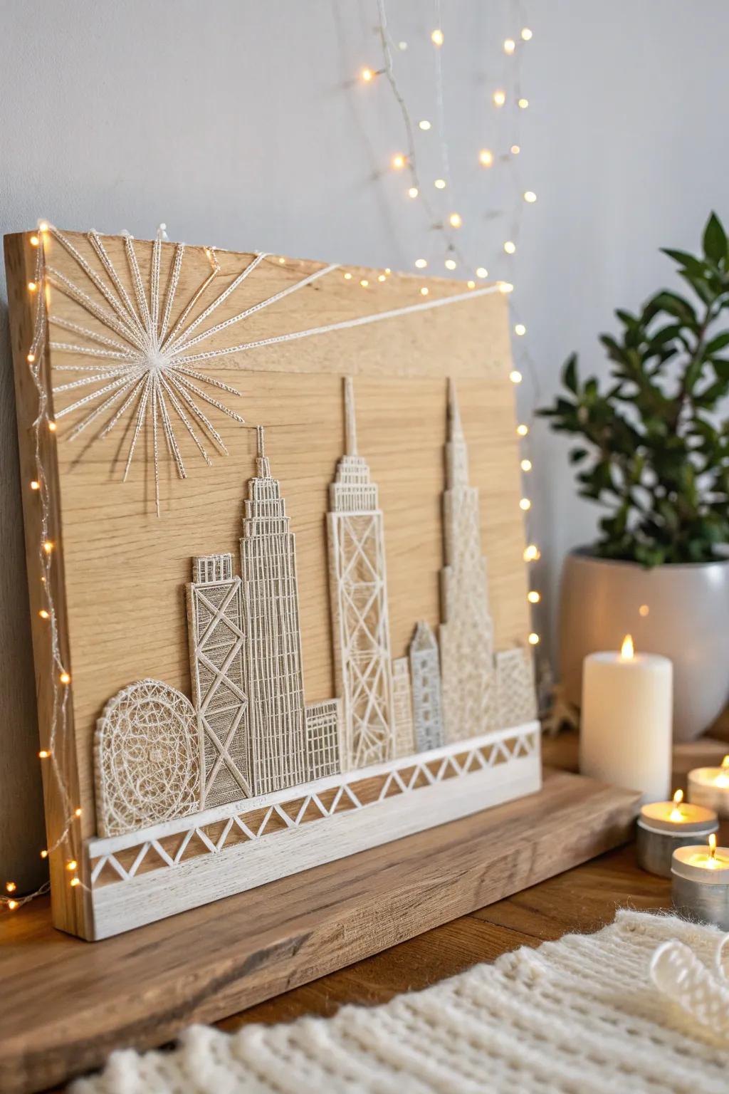 Capture urban elegance with this minimalist abstract skyline string art.