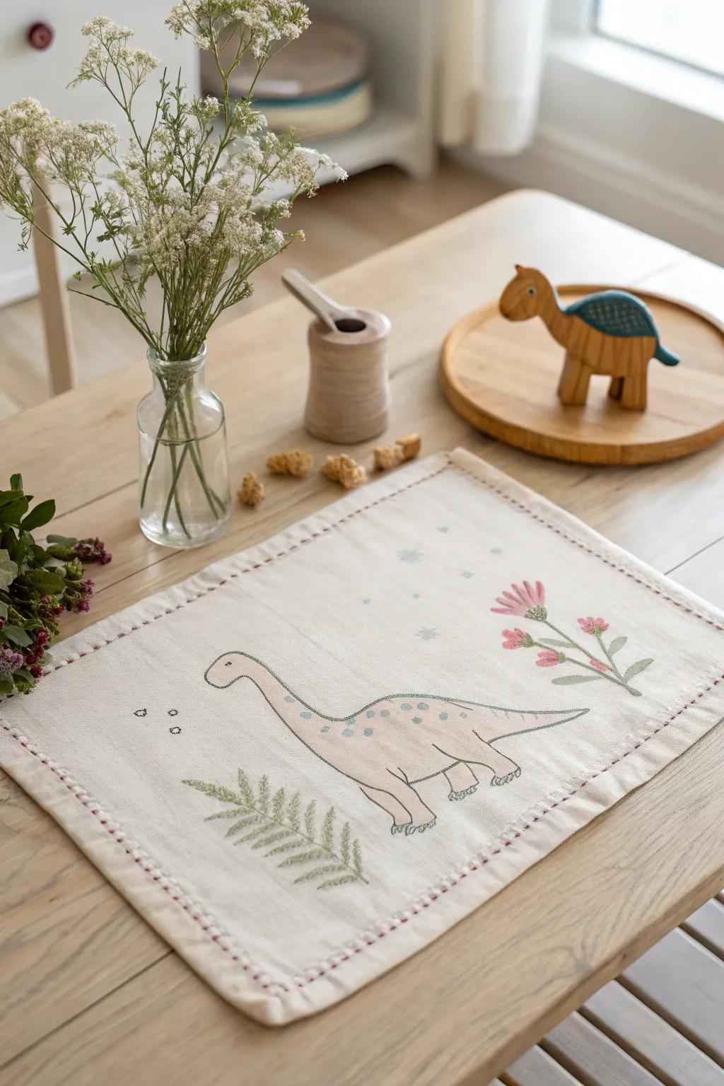 Roar into mealtime amusement through this endearing dinosaur tablemat!