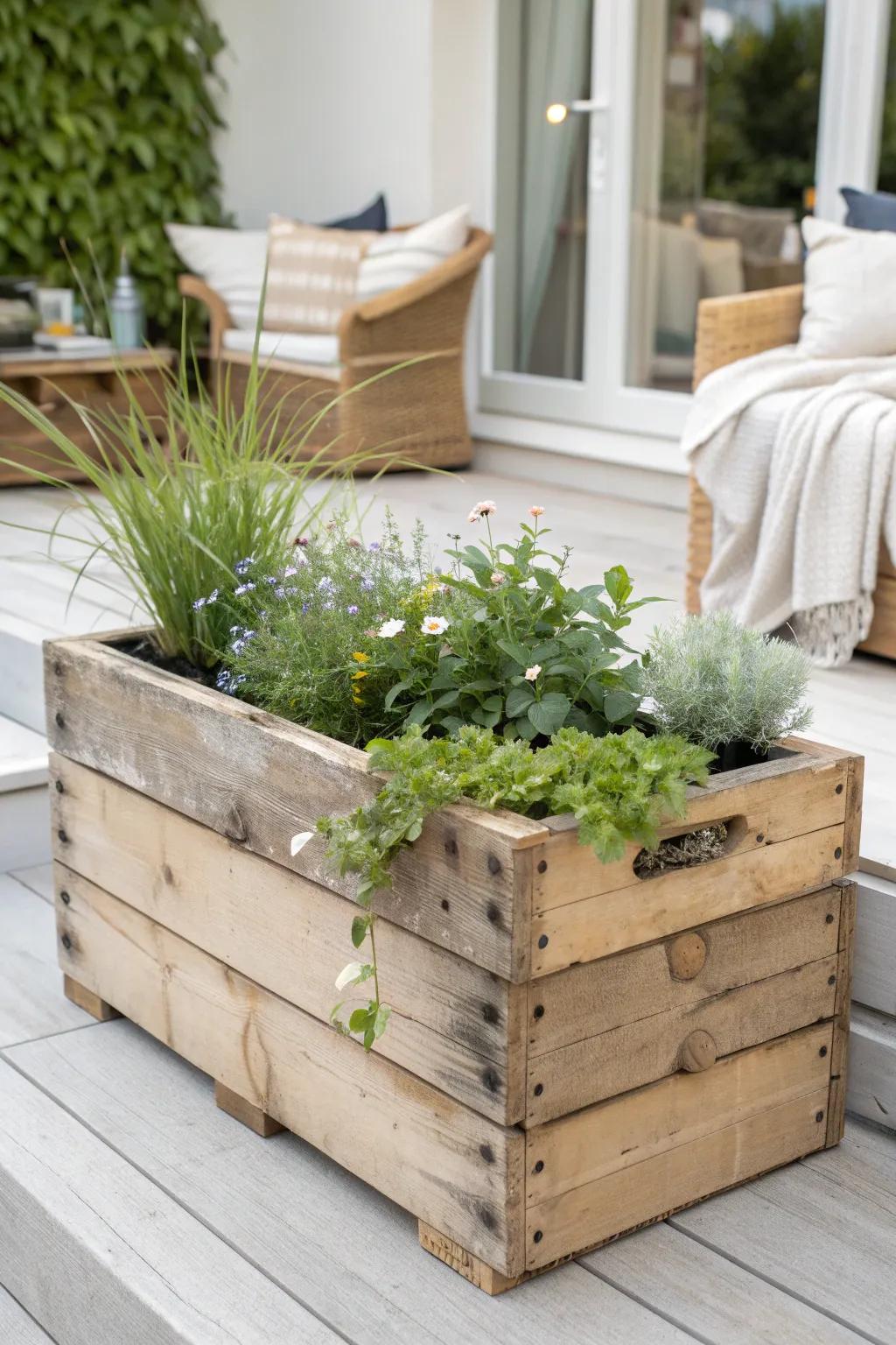 Transform vintage wine crates into charming planter boxes for a touch of natural elegance in your garden.