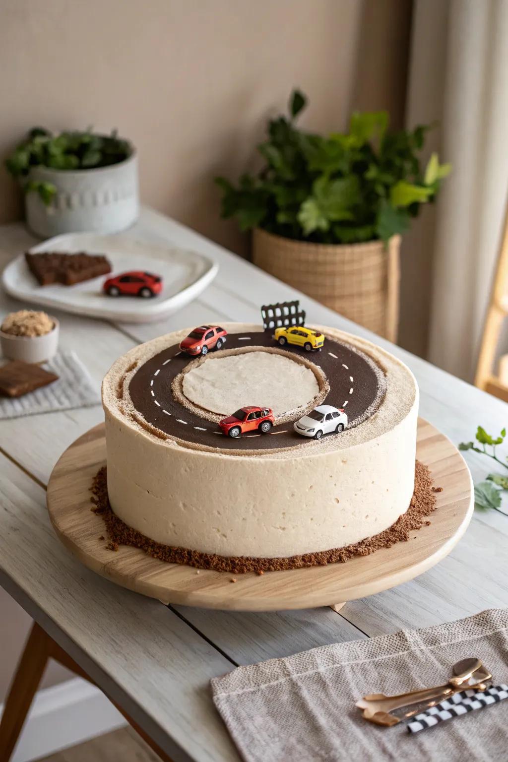 Zoom into the fun with this enchanting racing automobile track cake, where simplicity meets creativity.