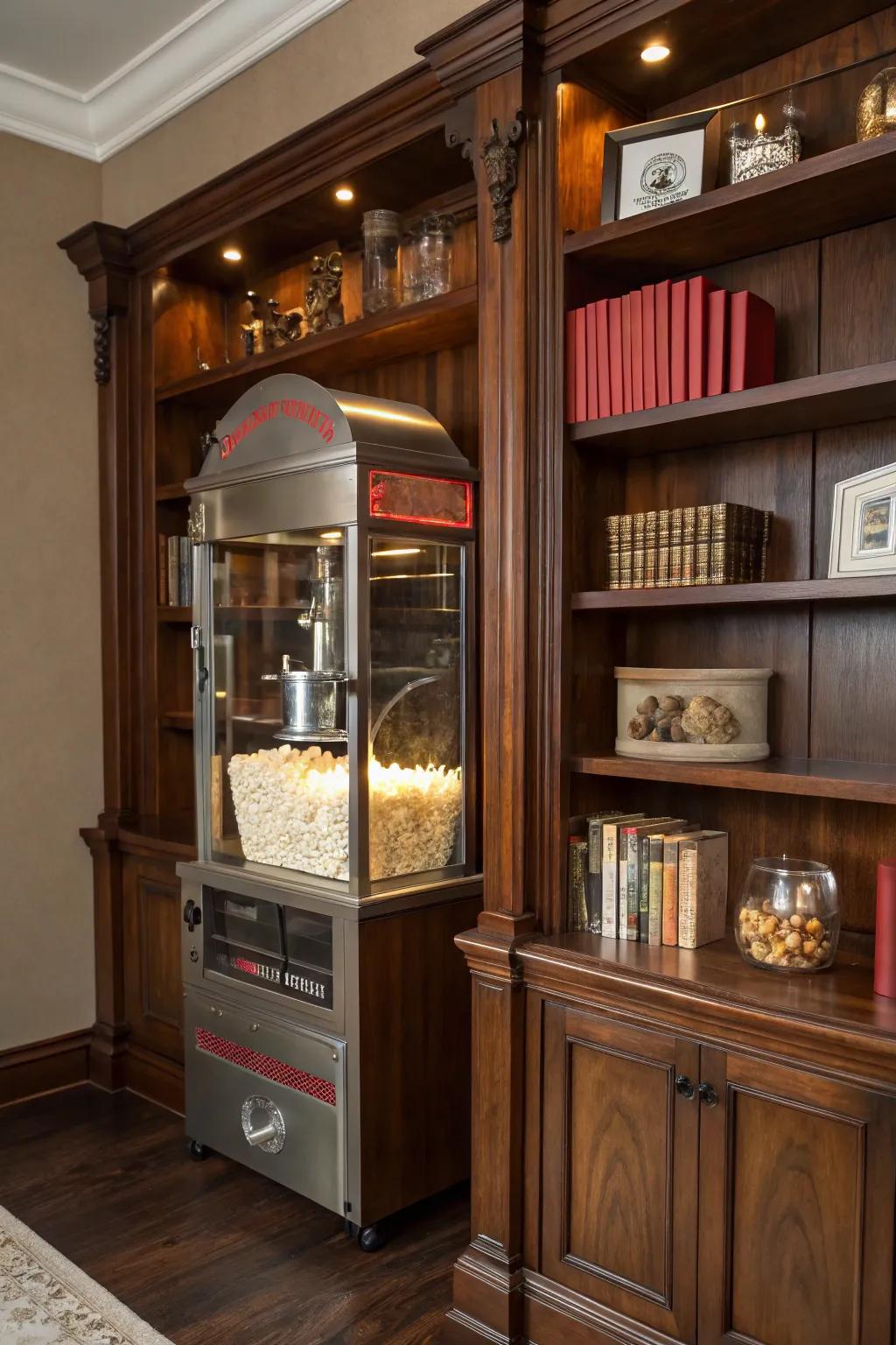Enhance your entertainment space with a popcorn apparatus nestled within an artfully constructed bookcase alcove.