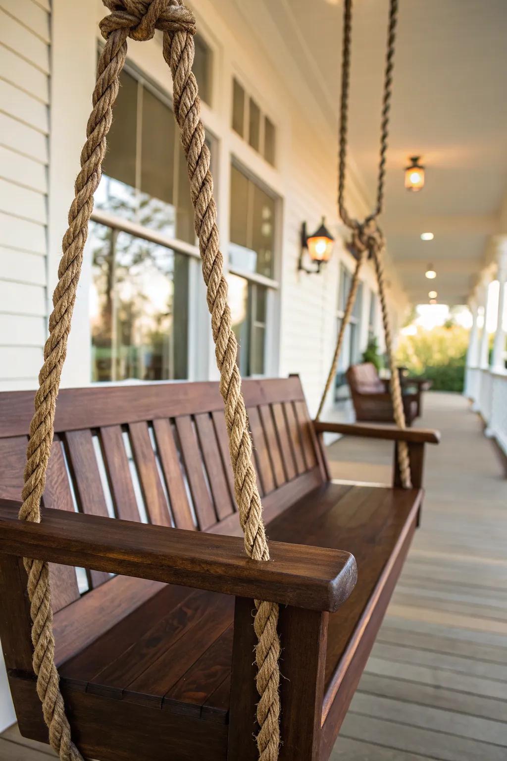 Elevate your porch with the ageless charm of a cable and timber swing, where craftsmanship converges with coastal elegance.