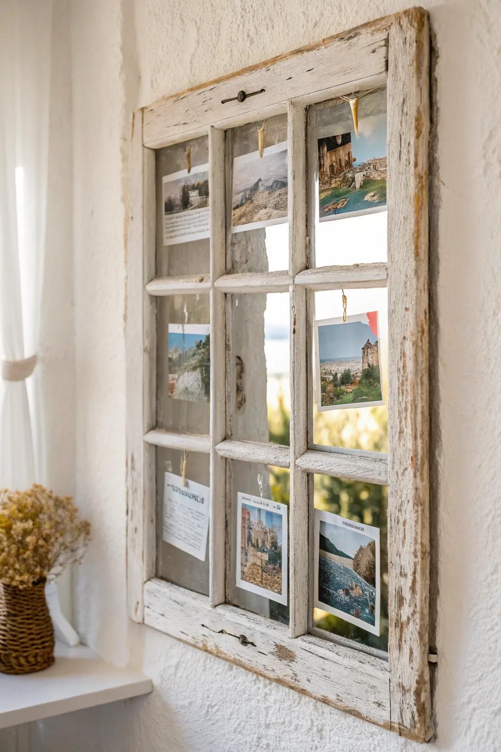 Transform nostalgia into art through a country window frame postcard display.