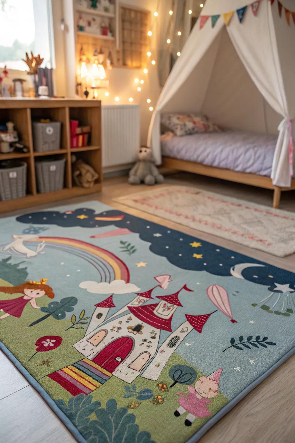 A themed floor covering infusing warmth and binding the room together.
