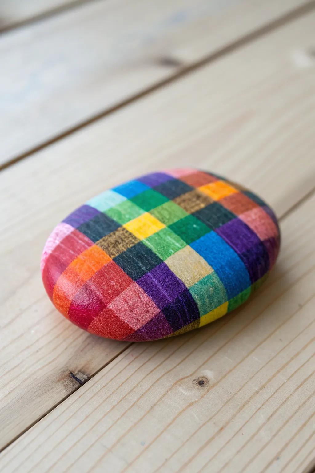 Add a splash of color with a rainbow plaid rock, the perfect blend of cozy and vibrant for your minimalist décor.