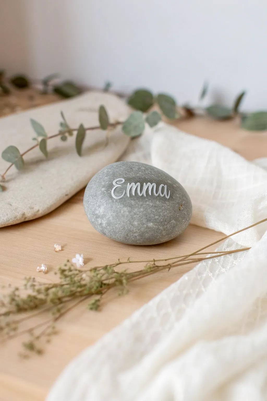 Celebrate kin bonds with personalized engraved rocks, great for a sparse yet heartfelt display.