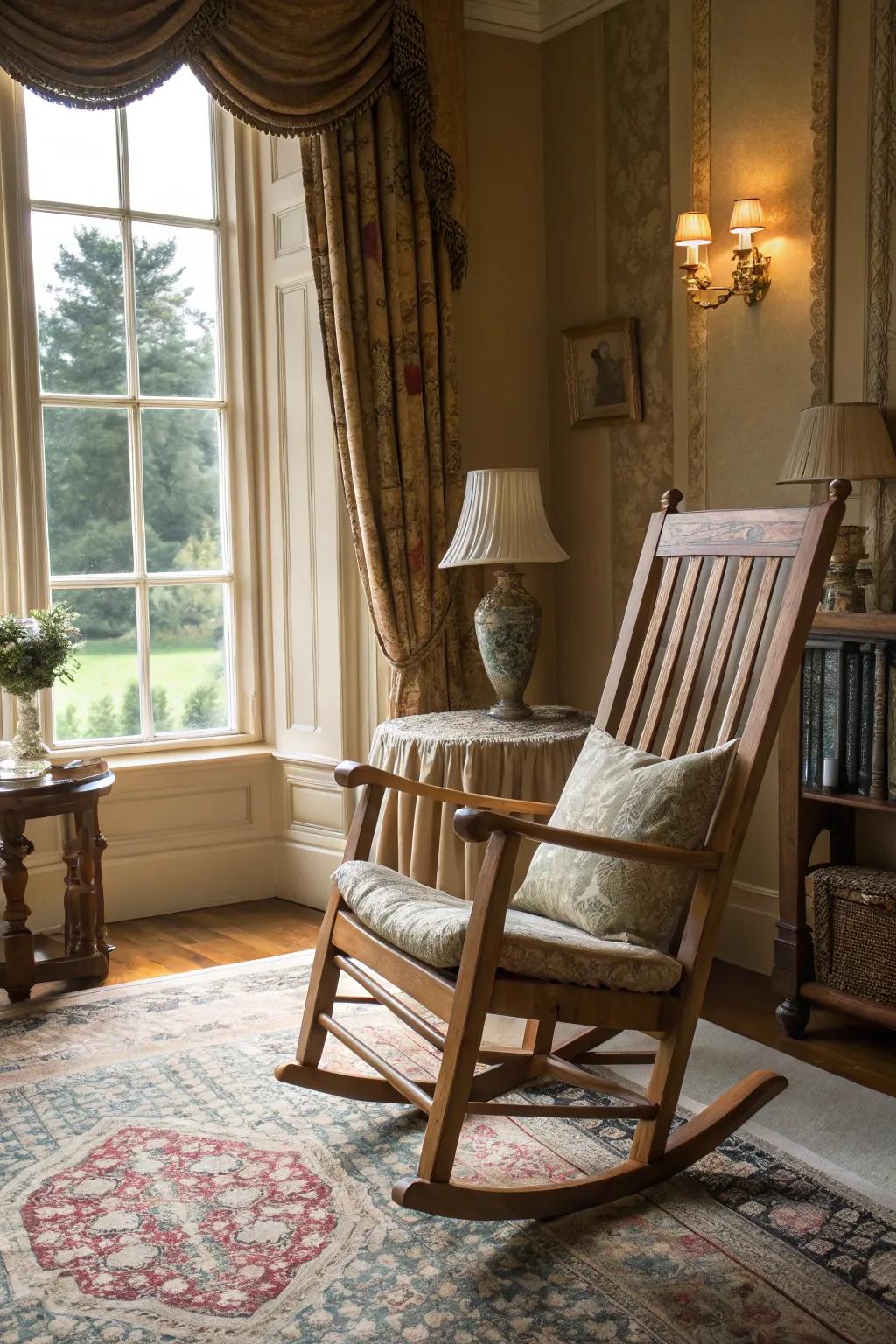 A rocking chair exhibiting classic refinement through its natural wood finish.