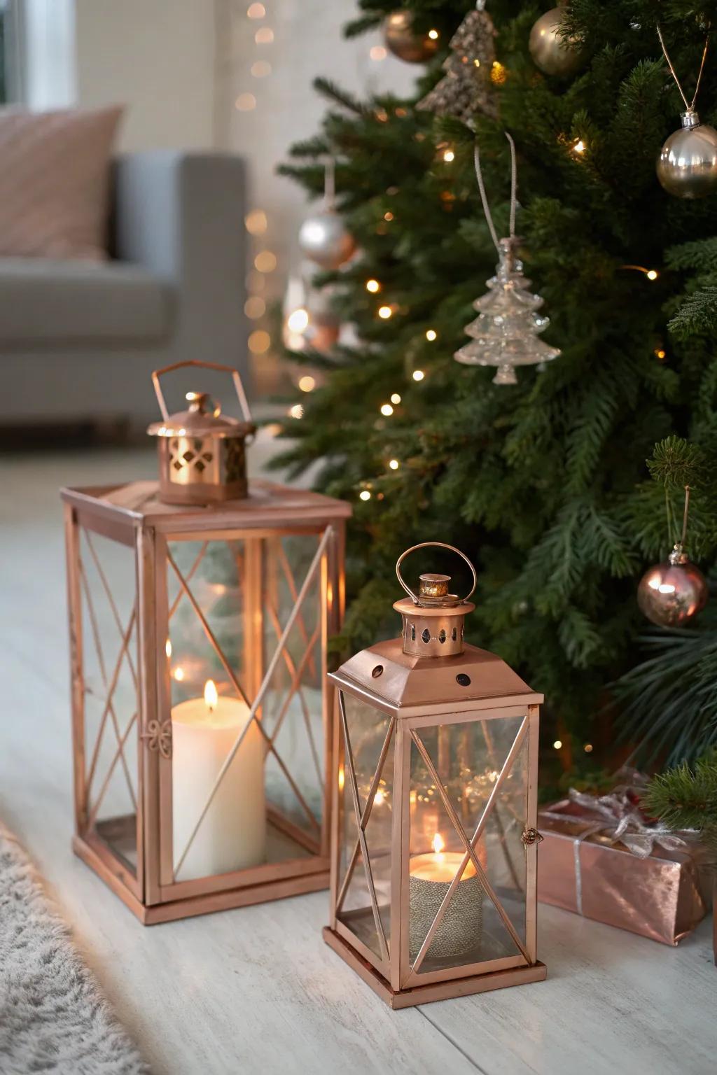 Roseate beacons craft a distinct radiant ambiance around the tree.