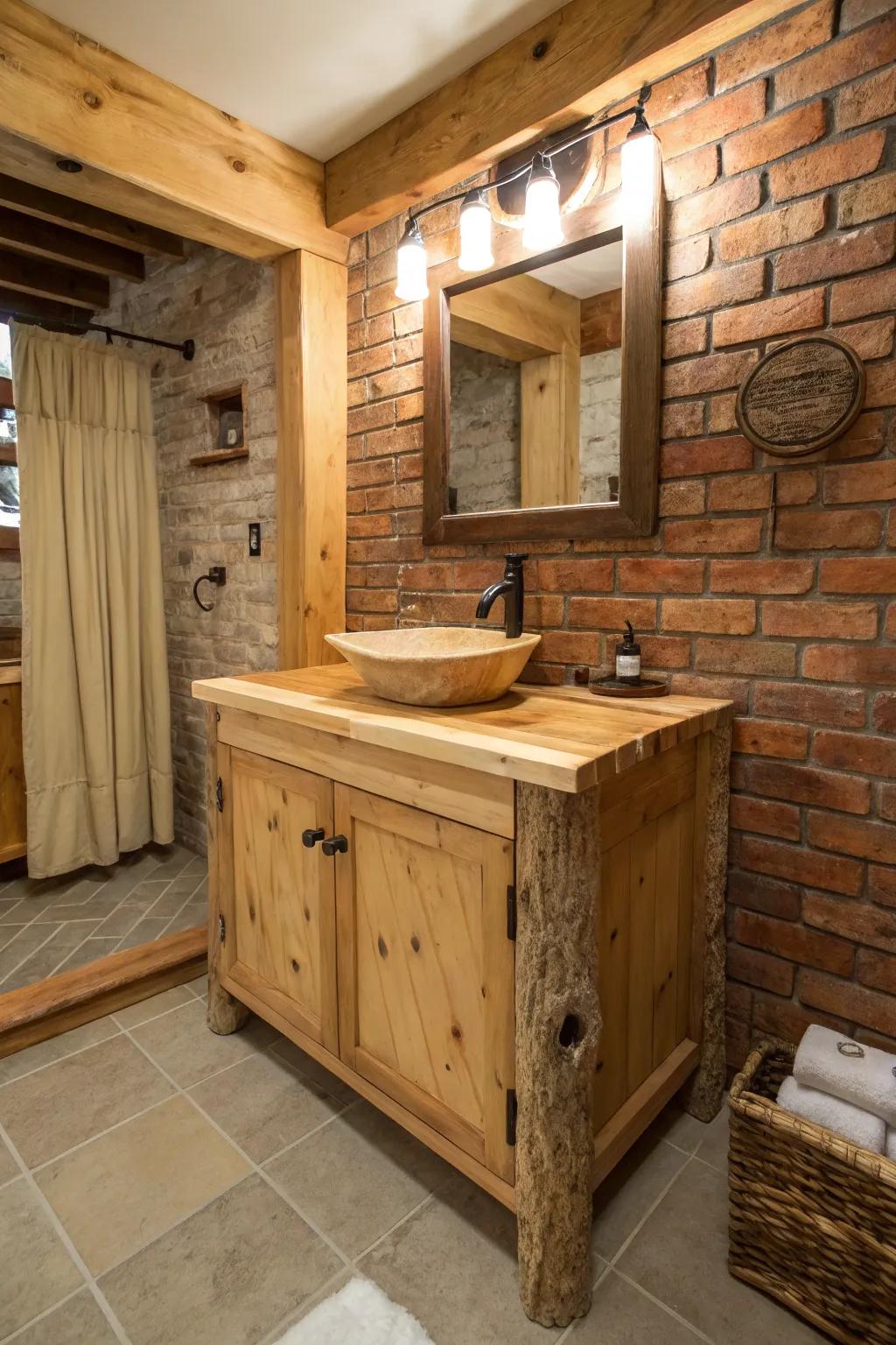 A country bathroom featuring a live edge timber vanity.