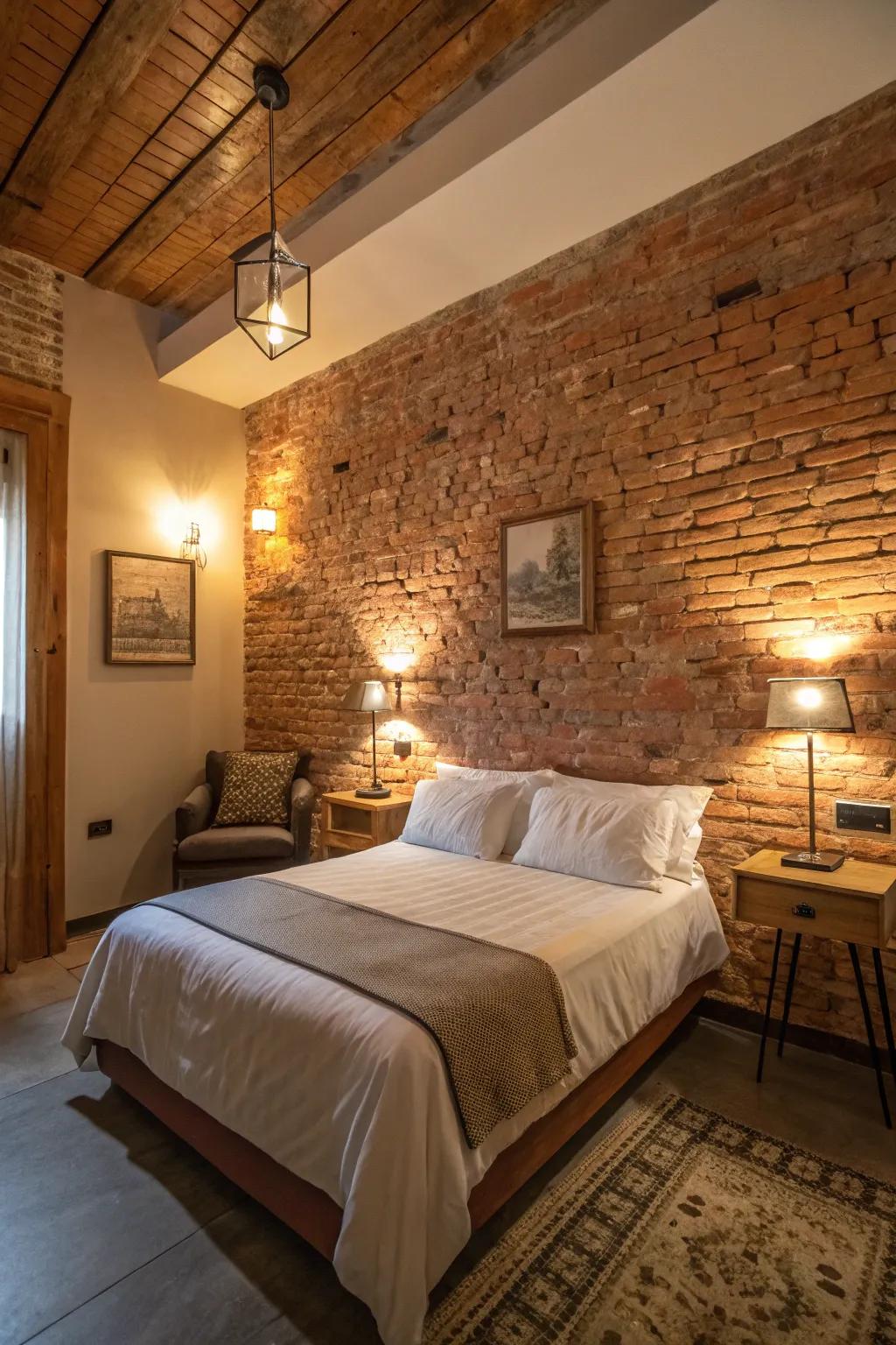 Comforting light crafting a snug ambiance within the rustic bedroom.