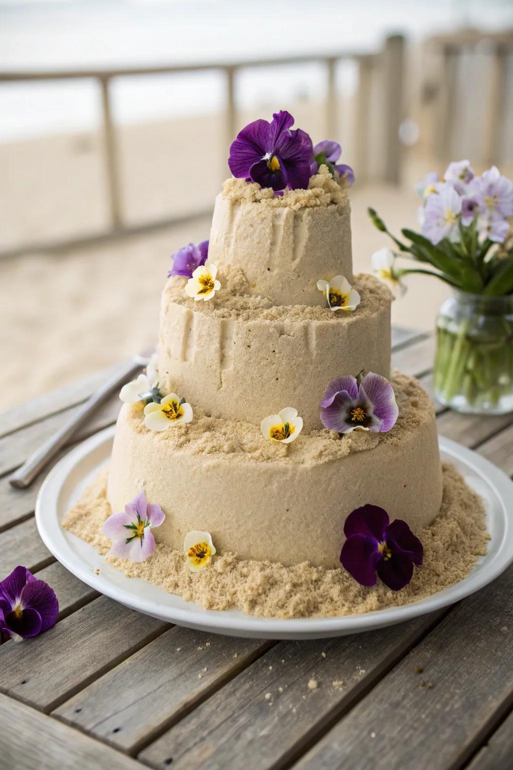 Embrace the beauty of simplicity through this stunning sandcastle cake, showcasing a delightful touch of consumable blossoms for a seaside, boho vibe.