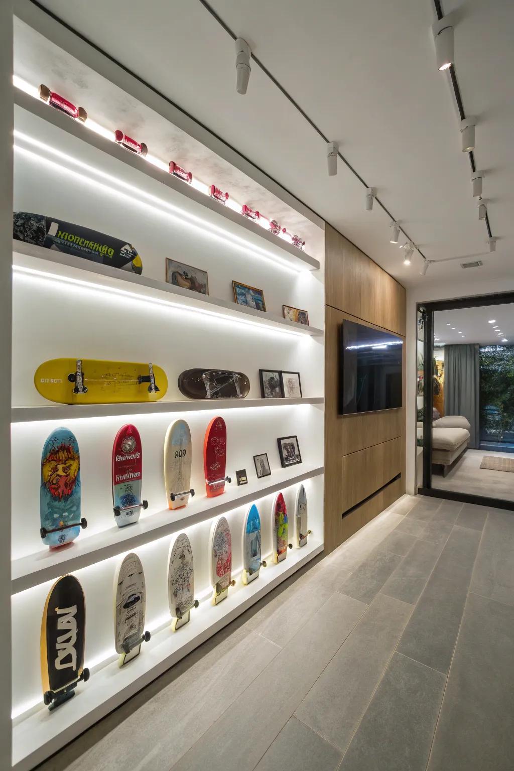 LED lights injecting a modern essence into skateboard racks.