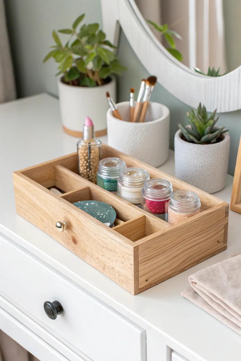 Transform your space into a chic slime haven with a cosmetic organiser that celebrates simplicity and style.