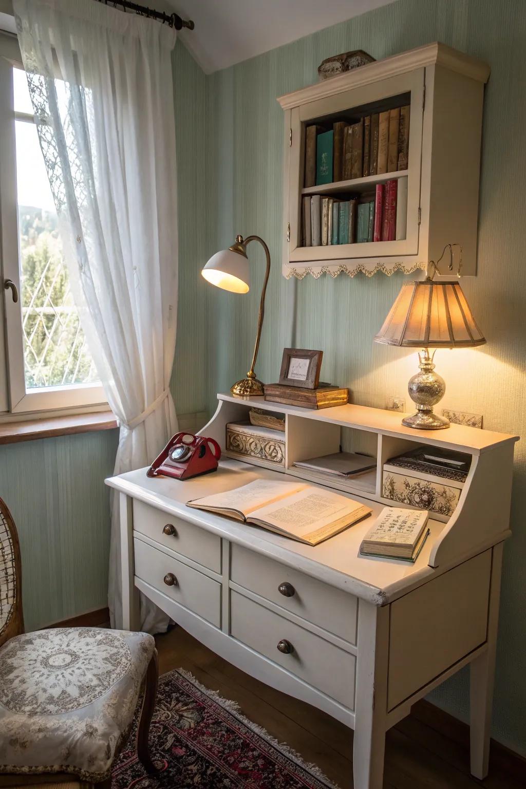 A heritage desk injects warmth and character into any diminutive bedroom.
