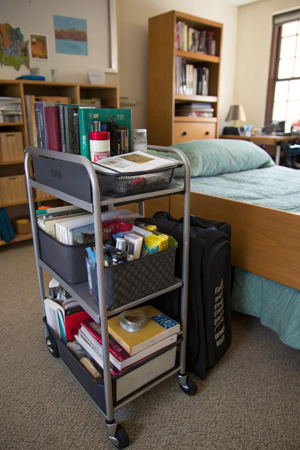 A mobile cart provides flexible storage for various items.