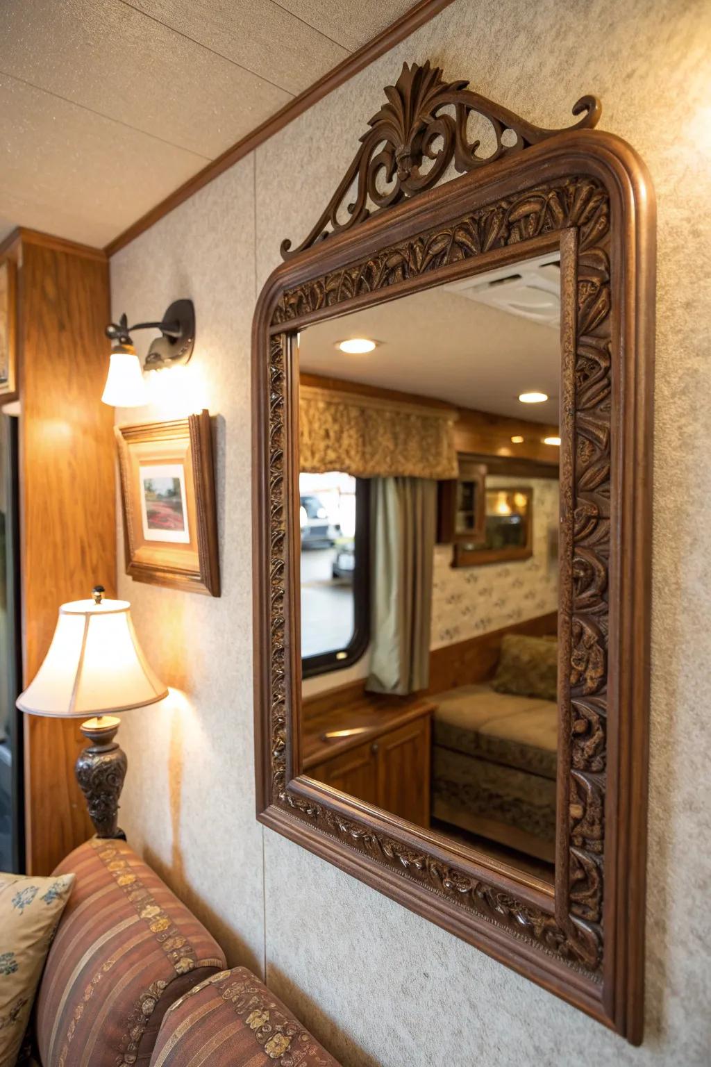 Transform your space with classic allure: a traditional looking glass breathes fresh vitality into this revamped fifth wheel.