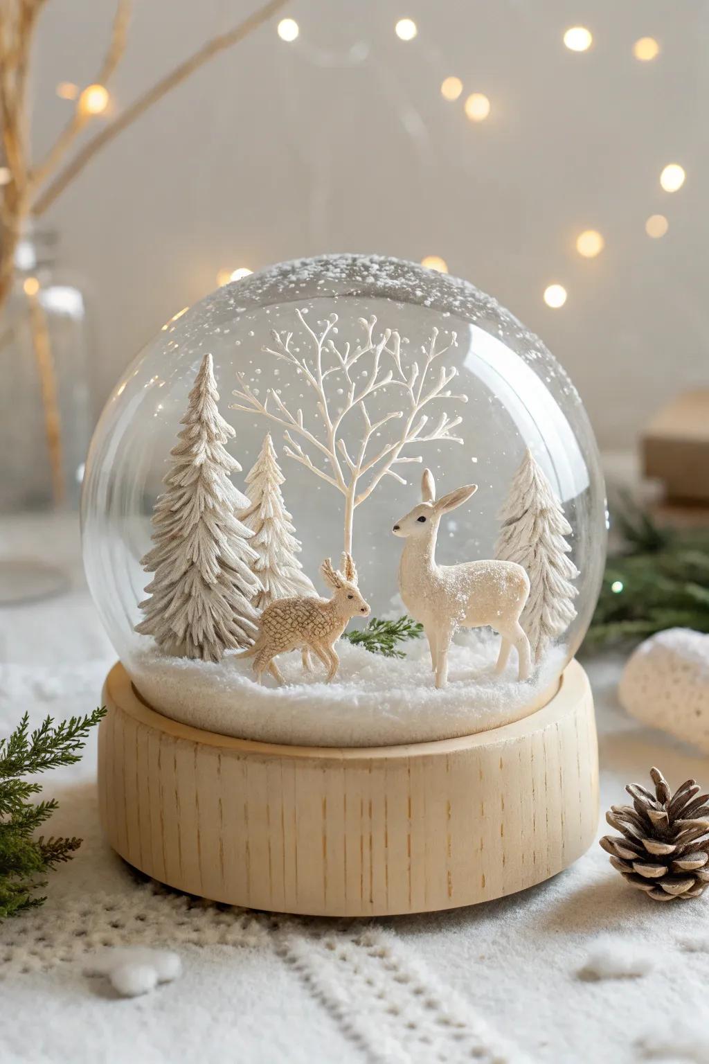 Capture the enchantment of winter showcasing a captivating woodland snowglobe.
