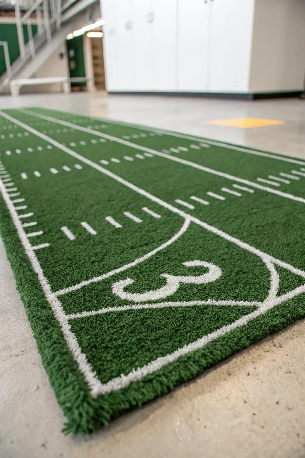 An athletic-themed rug resembling a playing field.