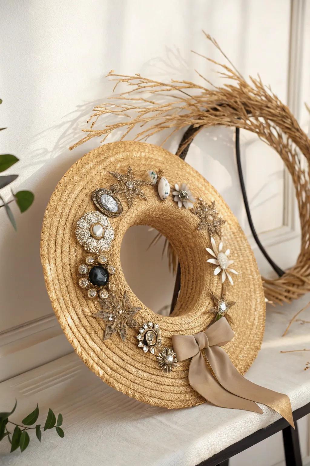 Elevate your décor with a vintage adornment-ornamented straw bonnet garland, where old-world allure encounters minimalist loveliness.