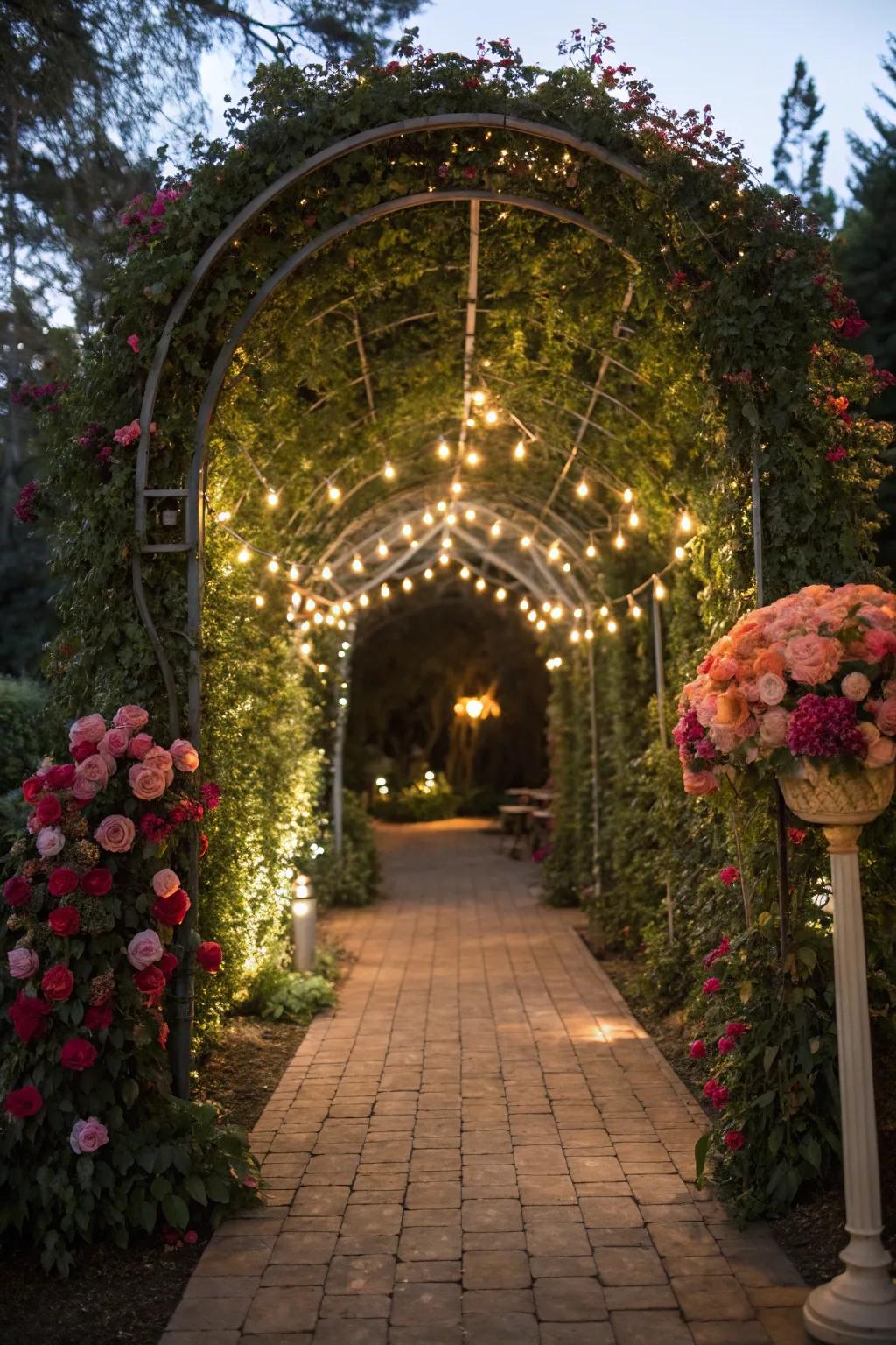 Garden arches add a whimsical element when combined with string lights.