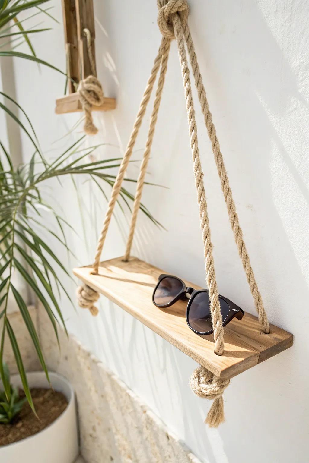 Elevate your sunglass storage with this chic and minimalist suspended rope shelf.