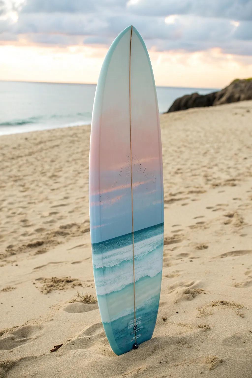 Embrace the grace of dawn-inspired gradients in your surfboard design.