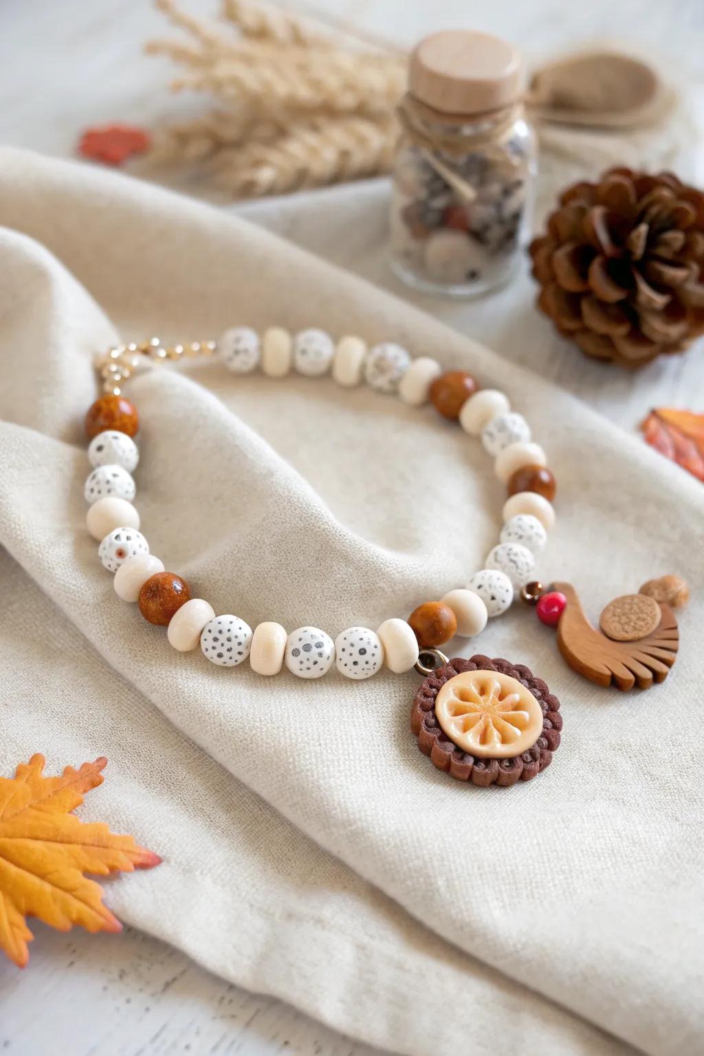 Embrace the playful spirit of Thanksgiving with handcrafted turkey and pie beads, blending minimalist beauty with celebratory charm.