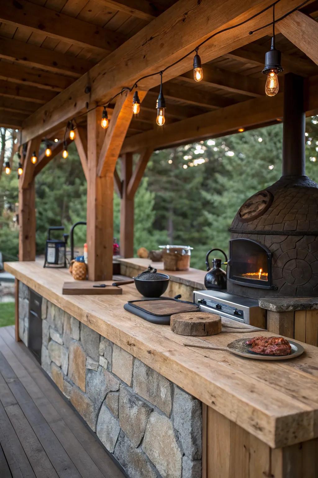 Experience outdoor cooking with this rustic timber frame kitchen.