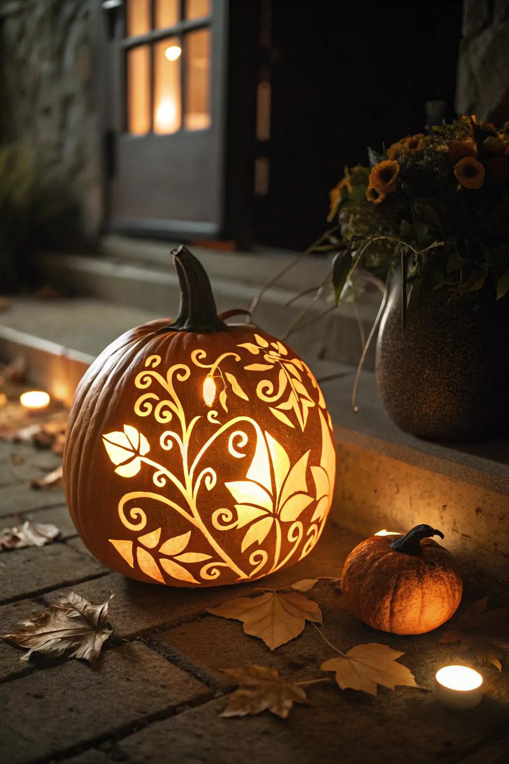 A pumpkin aglow magically in the dark.