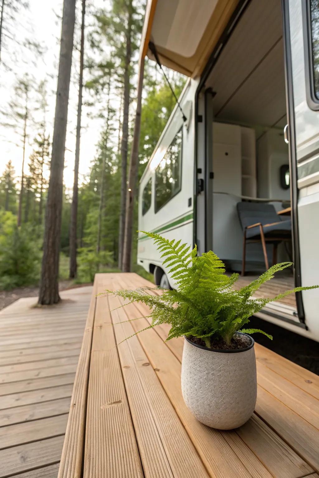 Welcome simplicity and nature on your RV terrace with Scandinavian elegance.