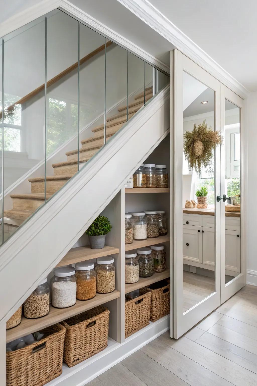 Improve your pantry into an open, bright area with fashionable mirror panels.