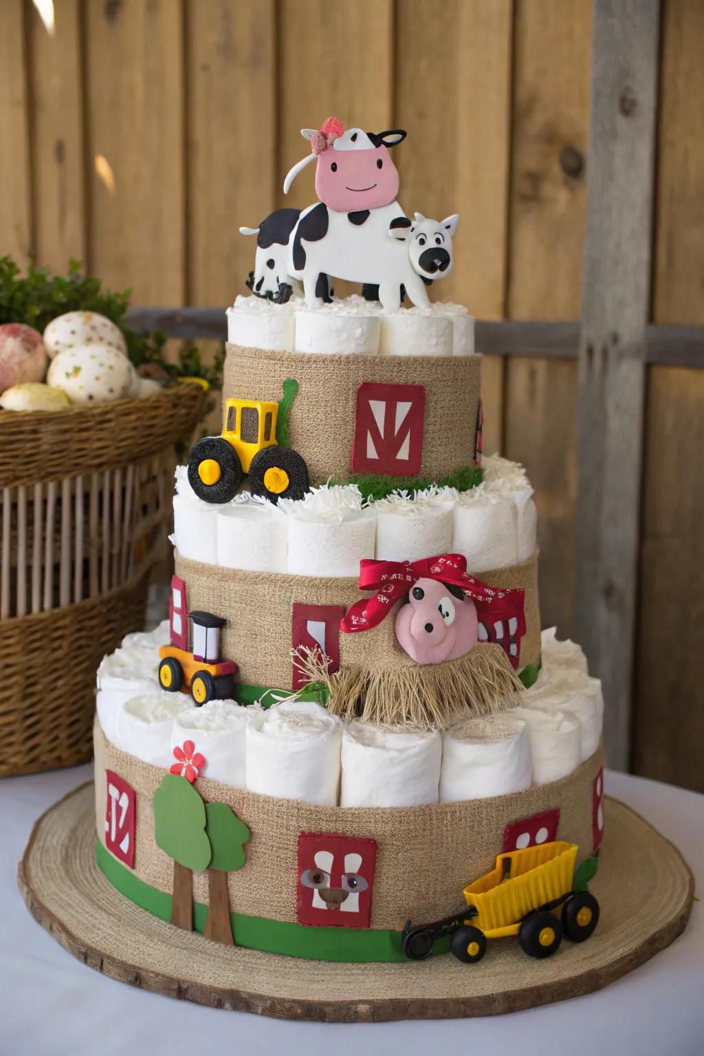 Country allure converges with functionality in this Animal Husbandry Fun Diaper Design—a superior centerpiece for a baby celebration featuring a countryside twist.