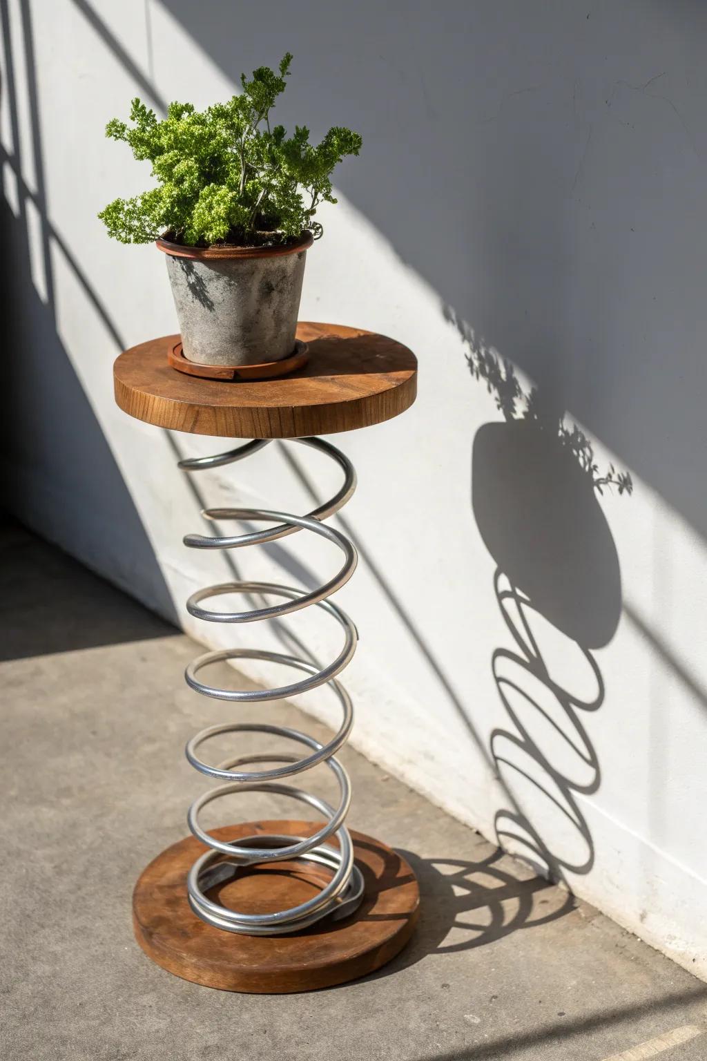Elevate your greenery through this innovative plant stand crafted from upcycled trampoline springs. A synergy of artistry and function for the perceptive observer.
