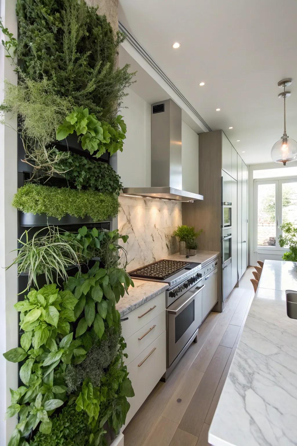 A gourmet cooking space enriched through an upright herb nursery, melding practicality with aesthetics.