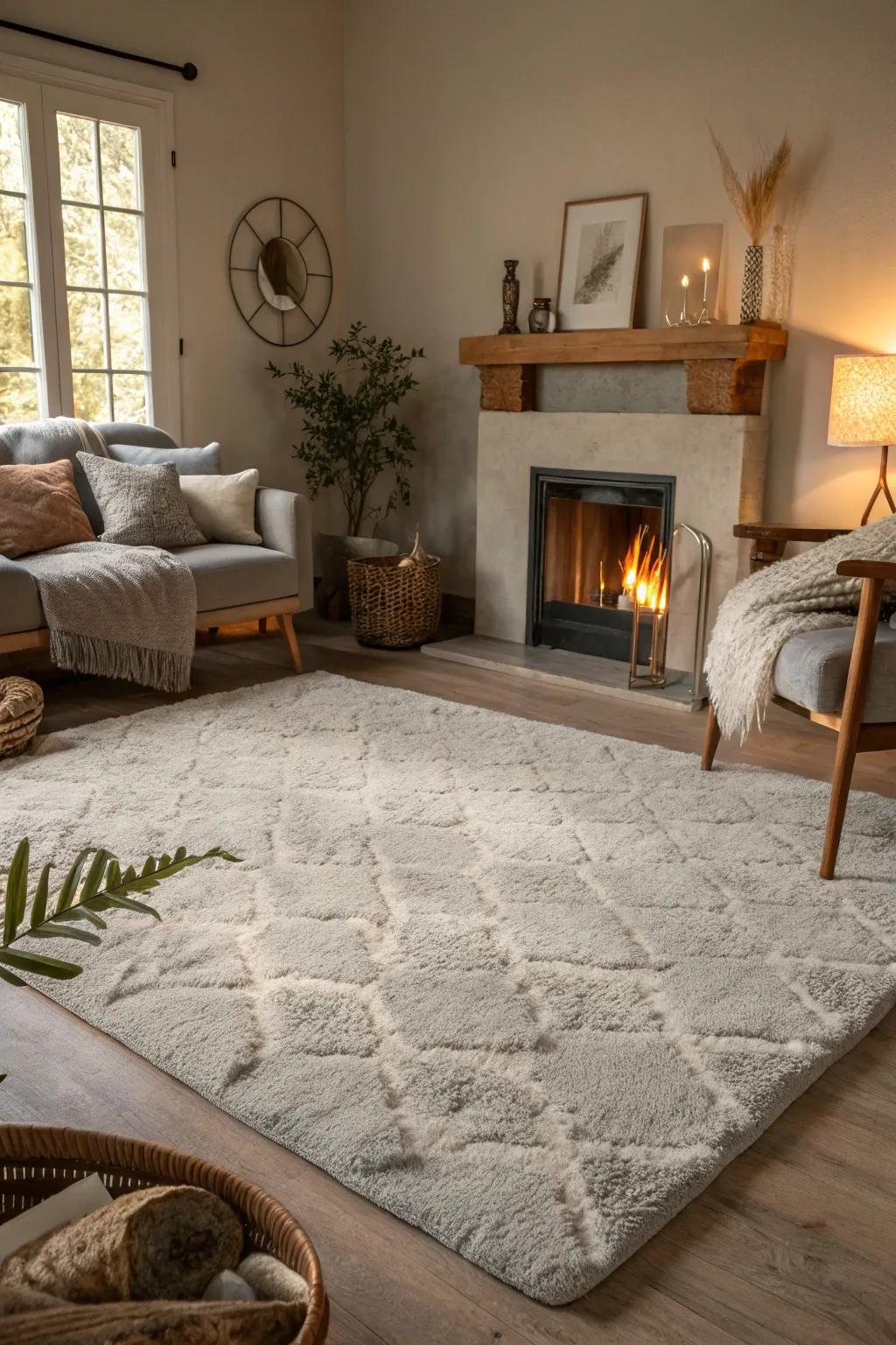 A lavish rug contributes solace and warmth.