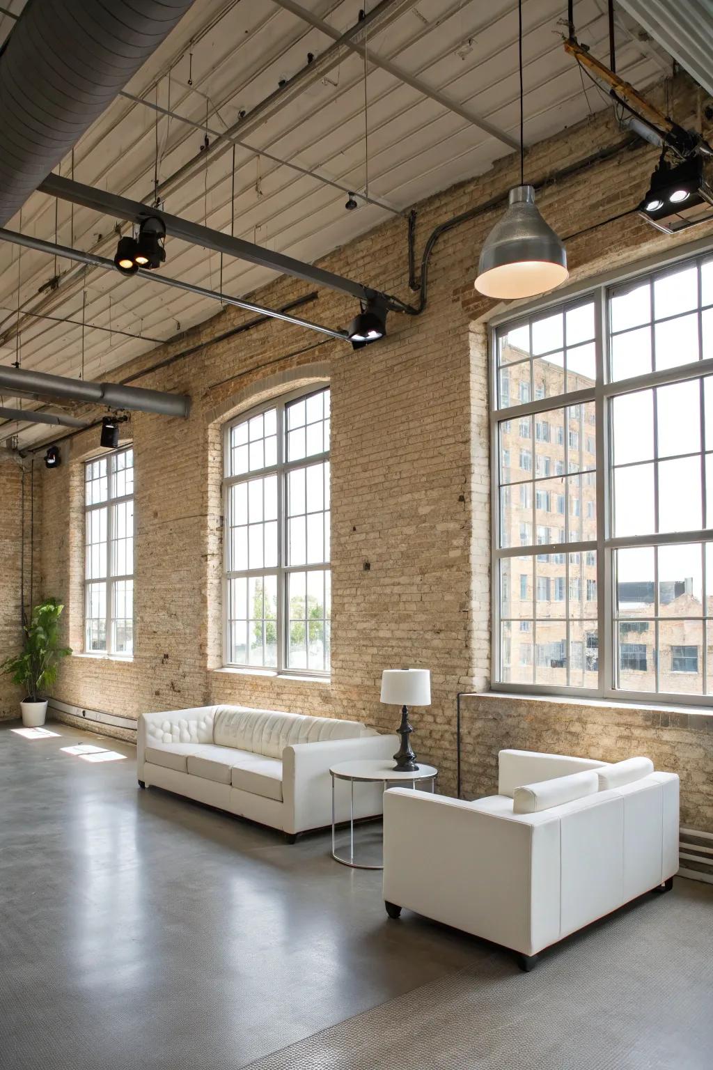 Sophisticated loft featuring beige and white tones.