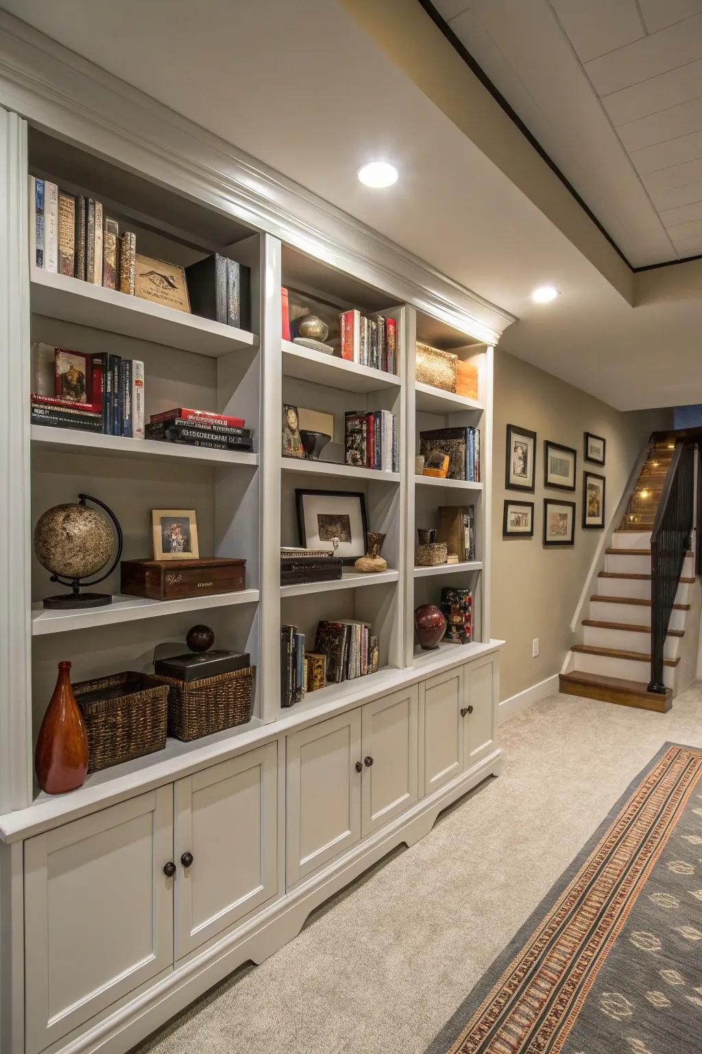 Open shelving preserves a basement's organization and elegance.