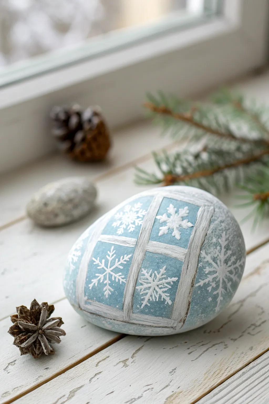 Capture the essence of winter with frosted window rock art - a minimalist yet enchanting touch for your cozy space.