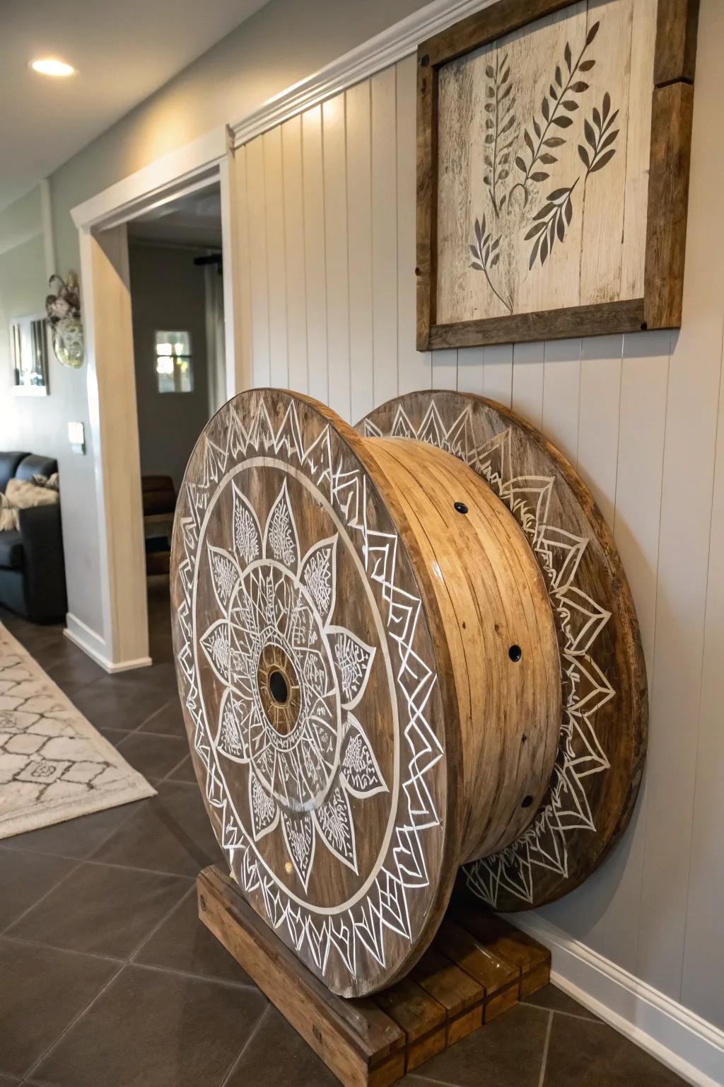 Elevate your space with rustic charm: a handcrafted wire spool wall decor.