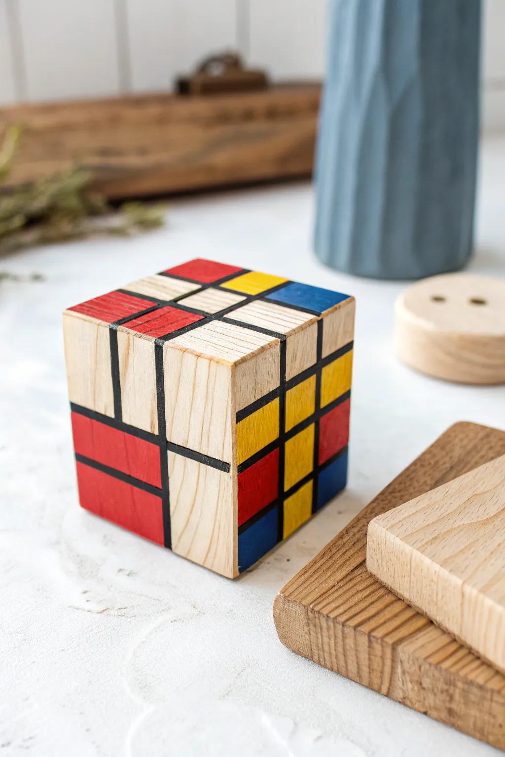 Embrace modern artistry utilizing a Mondrian-stimulated timber block masterpiece, where daring lines encounter vibrant primary shades.