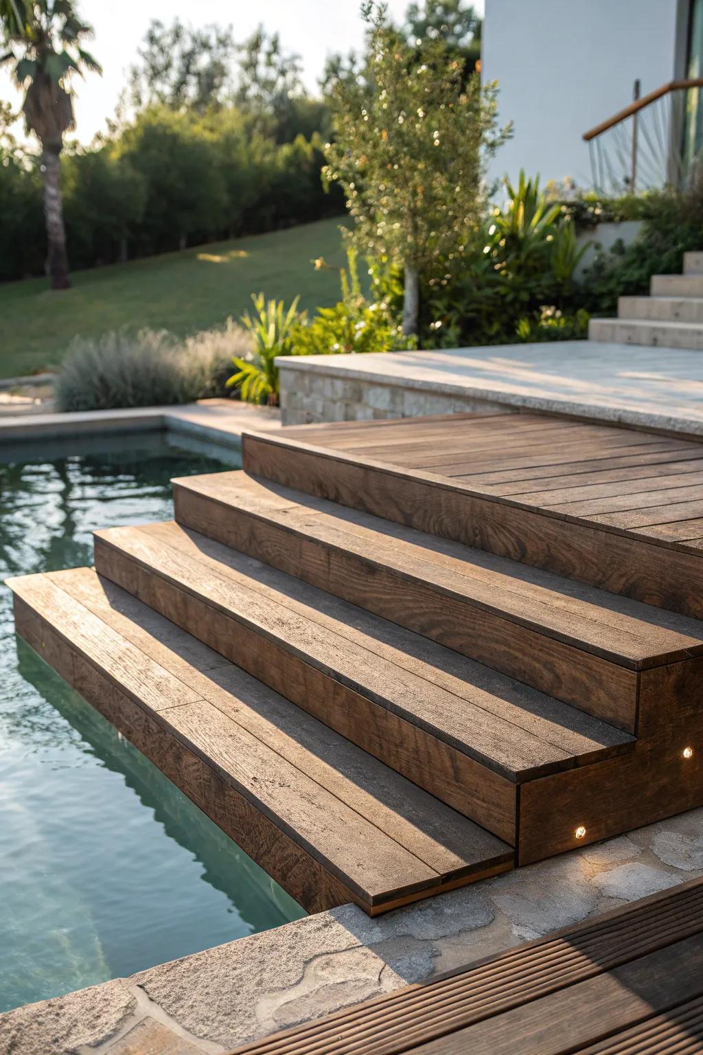 Stroll into sophistication with these exquisitely crafted timber pool steps.