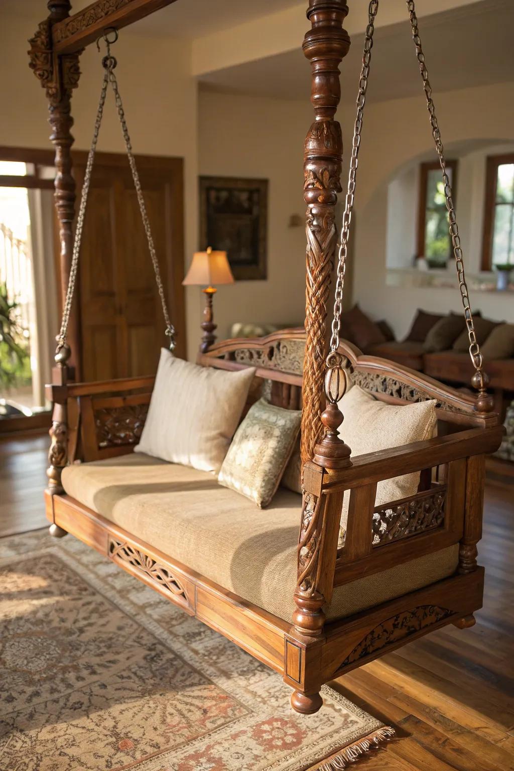 Realize the harmony of design with this wood hammock-style swing.