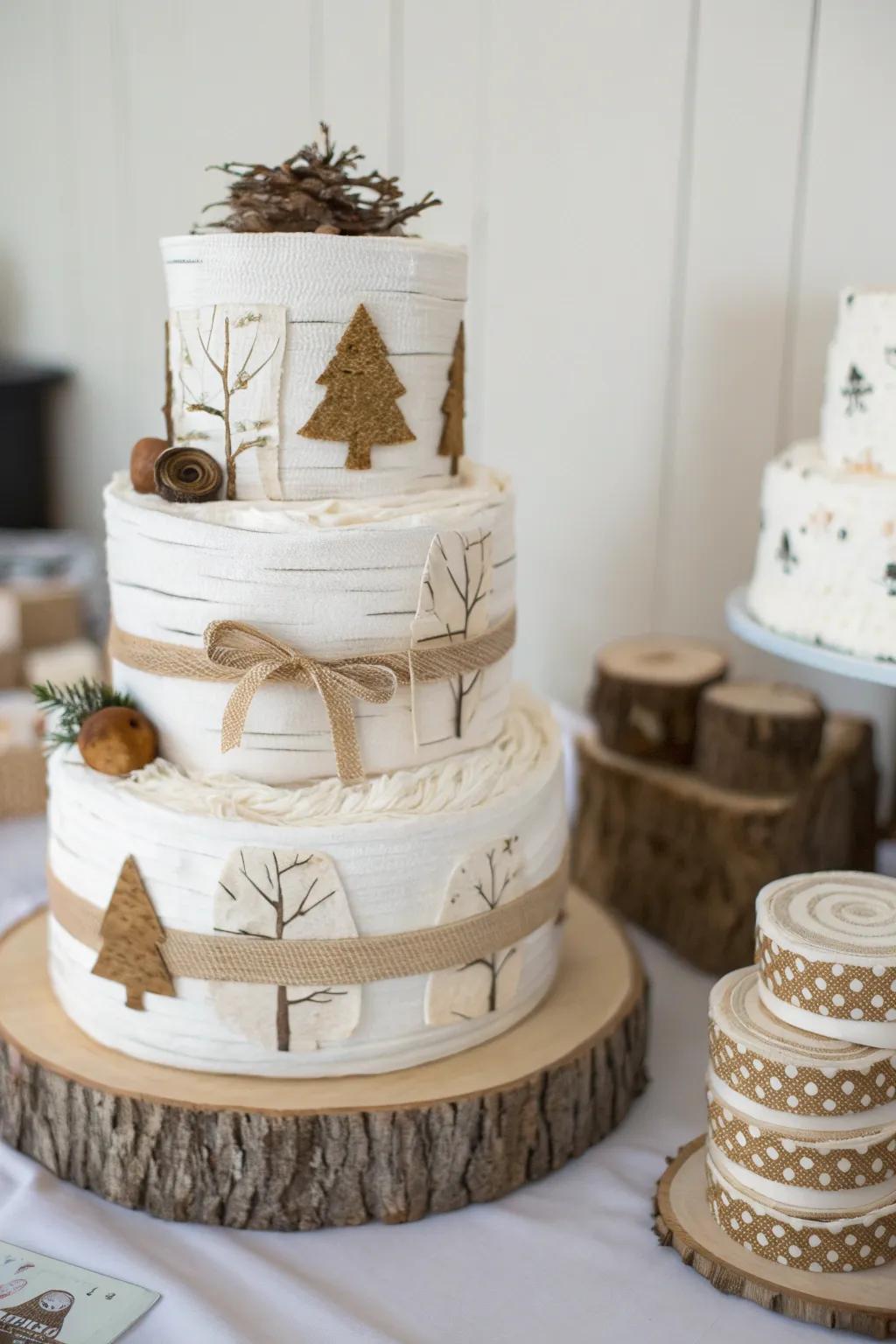 Embrace innate sophistication through this arboreal nappy cake, where artful arboreal surfaces harmonize with minimalist allure.