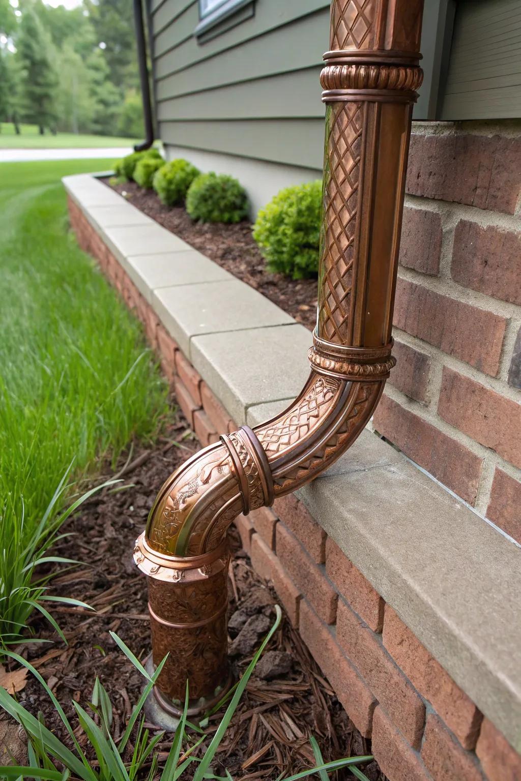 Reroute water in style: Handcrafted copper spout extensions for a functional and aesthetic garden solution.