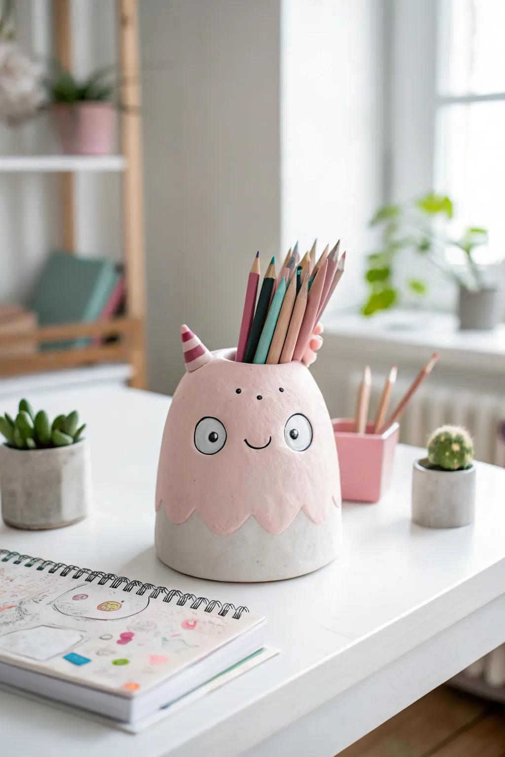 Add a hint of whimsy to your workspace using this charming clay monster pen holder!