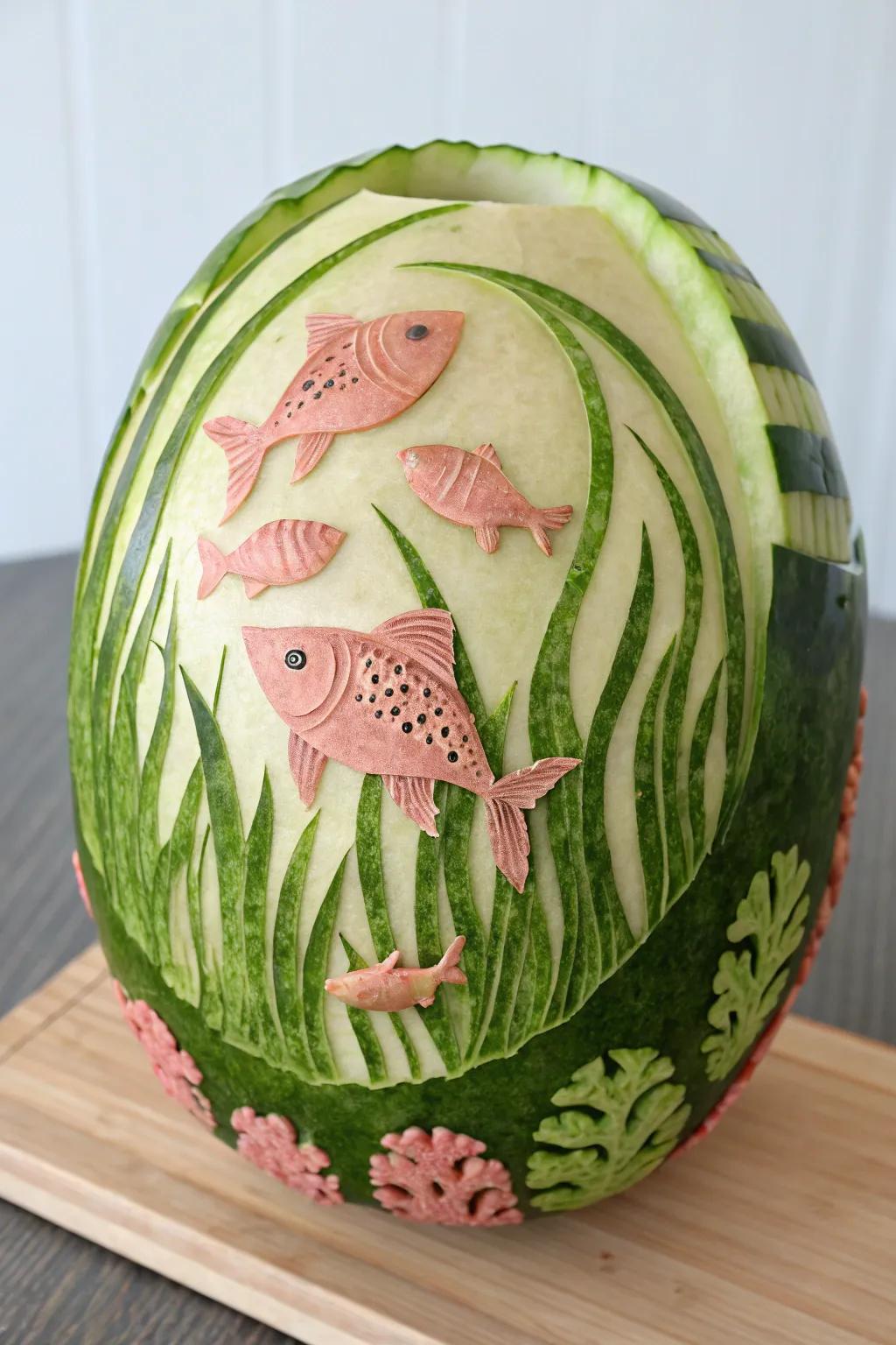 Dive into the artistry of tropical fruit sculpting with this enchanting subaquatic scene, perfect for adding a splash of innovation to your supper gathering.